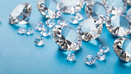 Beautiful luxury diamonds scattered on a blue background 