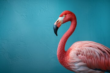 Fototapeta premium closeup flamingo on soft blue background with copy space