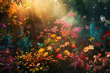 Fototapeta na wymiar Vibrant floral meadow with magical light - A lively and enchanting meadow with an array of colorful flowers under a mystical golden light with fireflies