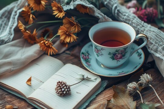 Teacup by an open diary surrounded by autumn leaves - A comforting autumnal scene featuring a teacup next to an open diary surrounded by an array of fall leaves