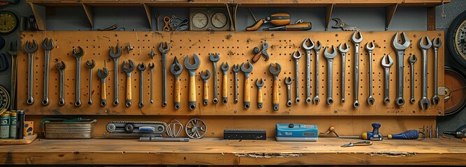 a set of cycling tools used in expert bicycle maintenance workshop with a wall panel tool holder for the fix repair assembly set.