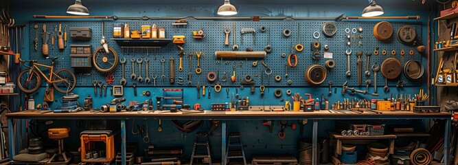 a set of cycling tools used in expert bicycle maintenance workshop with a wall panel tool holder for the fix repair assembly set.