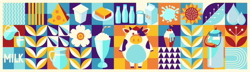 Milk. Scandinavian style. Seamless geometric food pattern. Template for background, banner, card, poster. Vector illustration.	