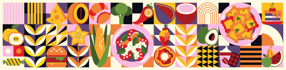 Abstract geometric food pattern. Minimal natural fruit plant simple shape, eco agriculture concept. Ukrainian style. Vector food banner