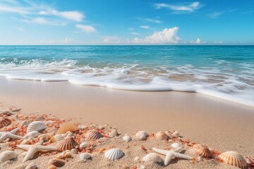 Obraz na płótnie Canvas White sandy beach with seashells, starfish and ocean waves with copy space