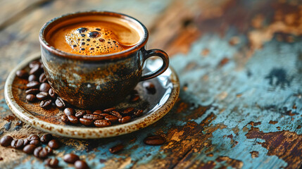 Ceramic cup with black coffee on a dark background. - obrazy, fototapety, plakaty