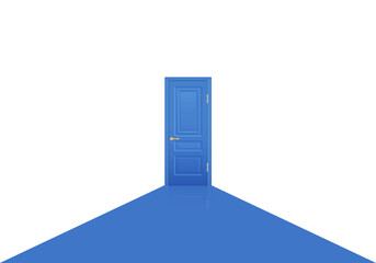 Blue color door with a shiny floor. Photoshoot background. Closed Door with Frame Isolated on Background.