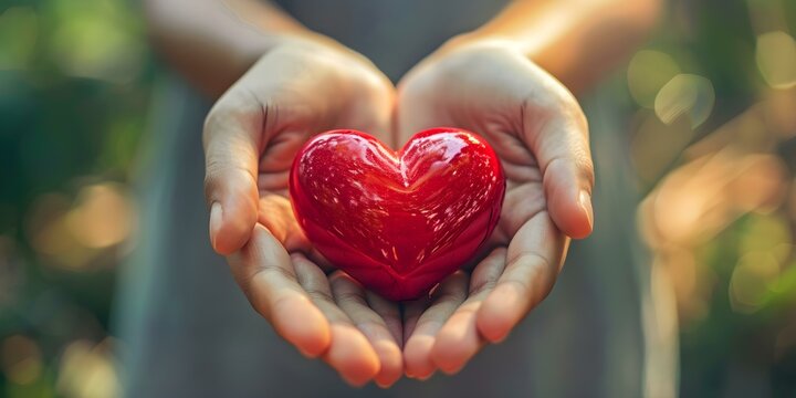 A pair of diverse hands gently cradle a red heart symbol. Concept Love, Diversity, Compassion, Heart symbol, Hands