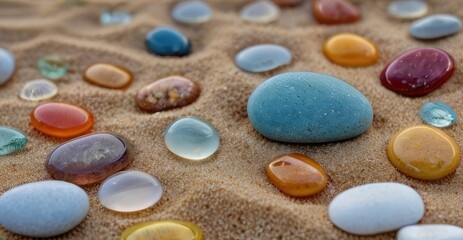 Fototapeta na wymiar Ocean's Treasures: Radiant Hues of Colored Beach Stones