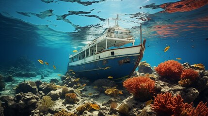 illustration of hunting for sunken ships in shallow seas accompanied by exotic small fish and colorful coral reefs - obrazy, fototapety, plakaty
