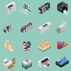 printing house equipment production isometric icons set with digital technology offset press devices