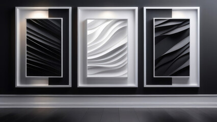 White frames on a black wall. triptych of filled white frames on a black, dark and gray abstract wall, interior decor texture for product display and wall background.