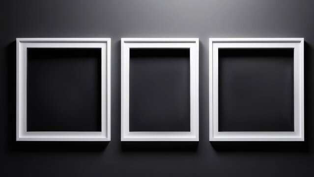 photo frames. White frames on a black wall. triptych of filled white frames on a black, dark and gray abstract wall, interior decor texture for product display and wall background.