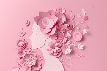 A woman crafted with paper flowers in papercut style on a pink background. Generative AI