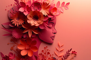 A woman crafted with paper flowers in papercut style on a pink background. Generative AI
