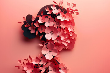 A woman crafted with paper flowers in papercut style on a pink background. Generative AI