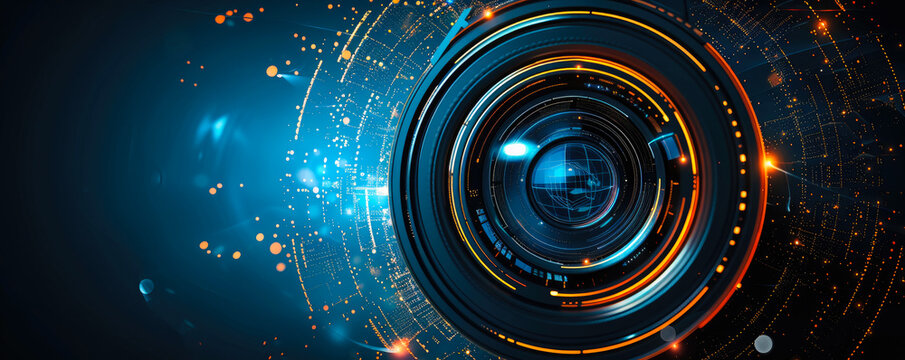 Abstract futuristic camera lens on dark background, place for text