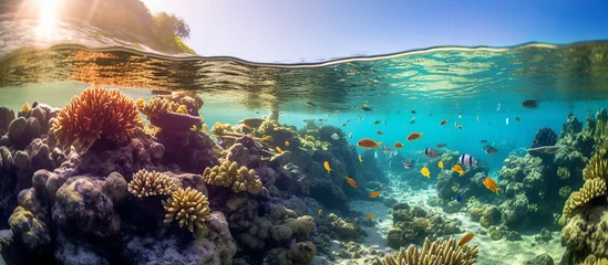 Fotobehang illustration of a shallow underwater view accompanied by exotic small fish and colorful coral reefs © akhmad