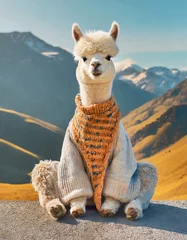 Fotobehang Calm looking alpaca or llama wearing simple clothes, sitting on ground in lotus like position © Marko