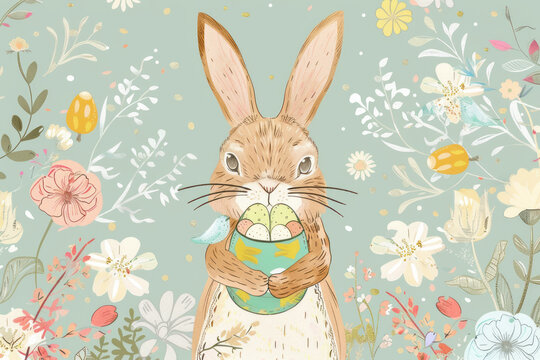Easter bunny dressed  in a costume on a floral background. Generative AI