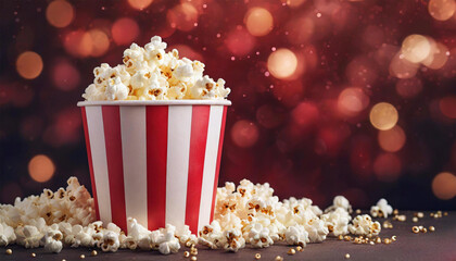 Red and white popcorn bucket with a bokeh blur background. - obrazy, fototapety, plakaty