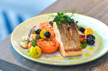 fresh salmon steak with vegetable