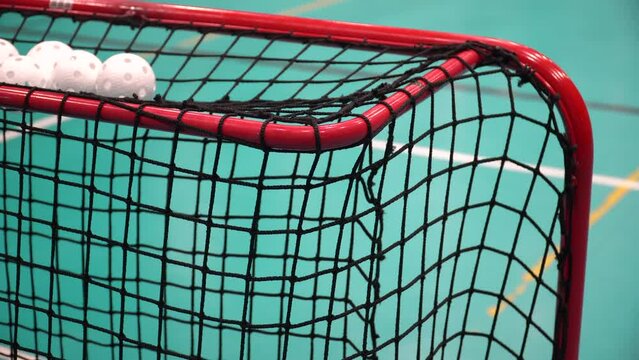 Floorball goals and ball scores in the net