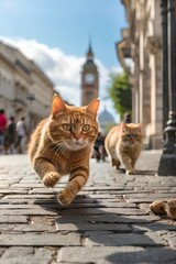 Cat is running in the street