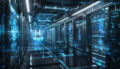 Futuristic Data Center Infrastructure, futuristic data center concept with an image showcasing cutting-edge architecture, AI