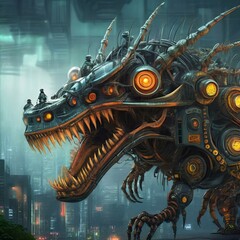Wild monsters with many eyes and many teeth, biomechanical, cyberpunk pieces, steam punk mood, metallic fragments on the bodies, ai generative - 749545089