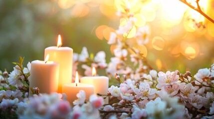 Lighted candles among blooming white flowers at sunset create a carefree and magical atmosphere. Spring mood.