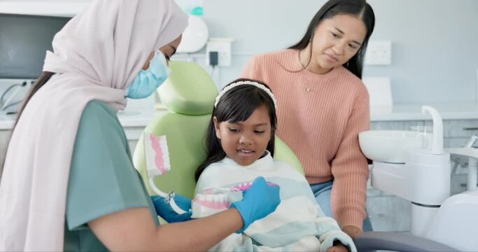 Child, pediatric dentist or education of brushing teeth in surgery or family friendly demonstration of tooth hygiene. Girl, parent or orthodontist with dental model to brush or lesson on mouth care