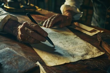 Vintage scene of an old hand writing with a quill on aged paper, evoking historical correspondence and storytelling.

