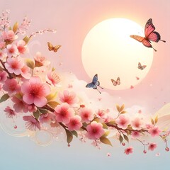 beautiful Cherry Blossom flower with butterfly in front of sun 3d illustration background