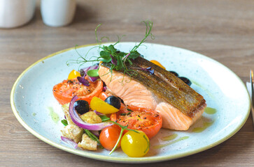 fresh salmon steak with vegetable