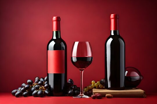 Red wine bottle and glass on a red background with copy space for text. Valentine's Day celebration, Party concept