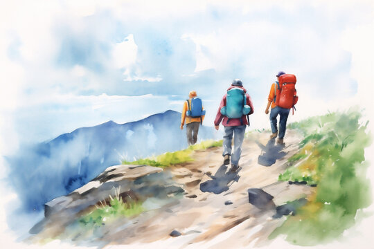 Rearview of three hikers with backpacks at a picturesque mountainous terrain. Travelling and vacation concept. Watercolor illustration.