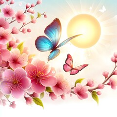 Fototapeta na wymiar Cherry Blossom flower with butterfly in front of sun ray 3d illustration background