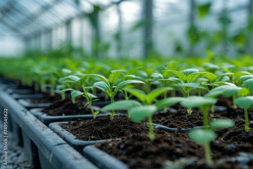 Poster seedlings in a greenhouse. background with selective focus and copy space