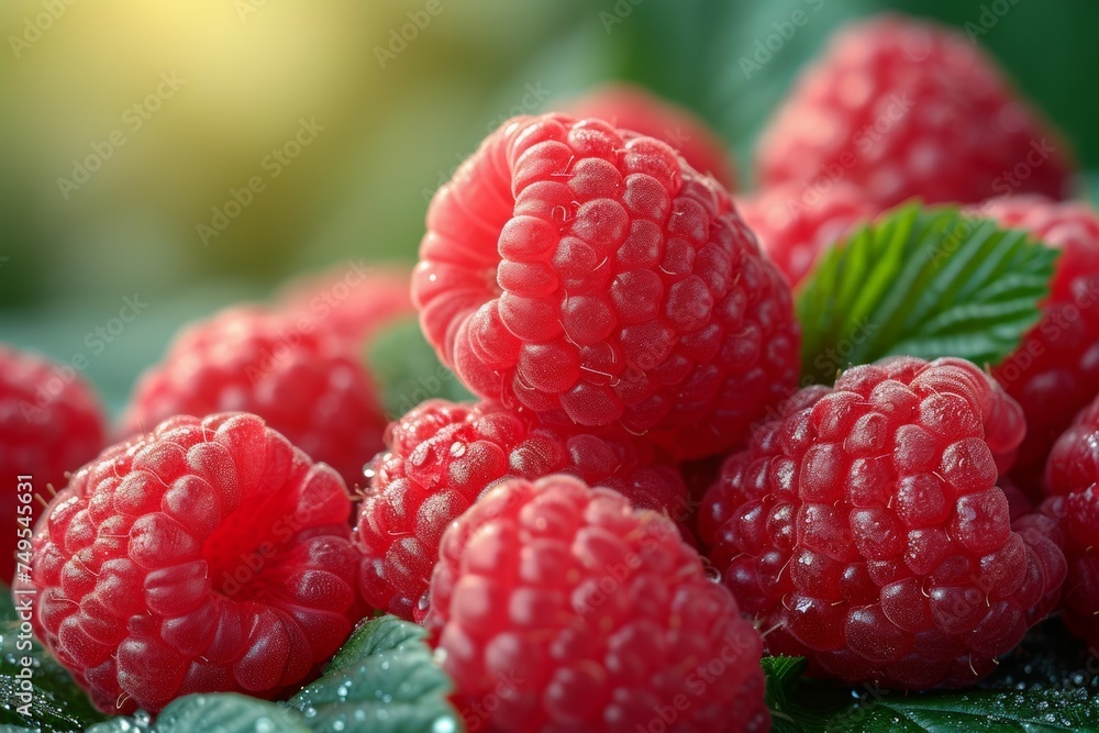 Poster raspberry harvest. background with selective focus and copy space