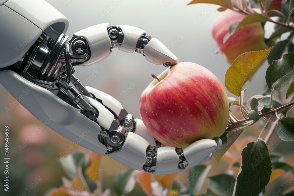 Poster a robot hand works on a modern farm. background with selective focus and copy space
