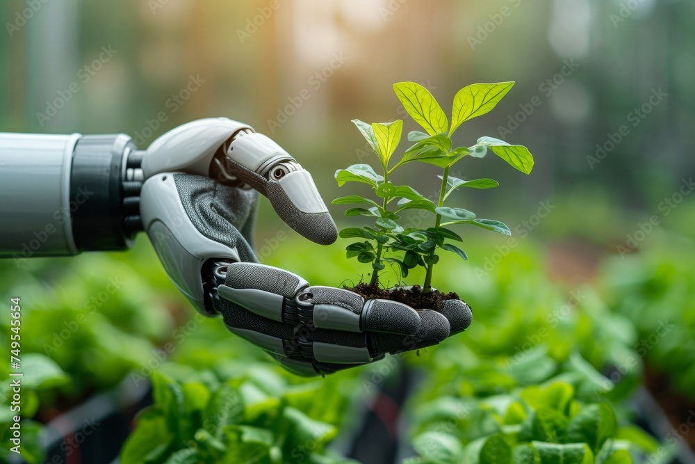 Aufkleber a robot hand works on a modern farm. background with selective focus and copy space