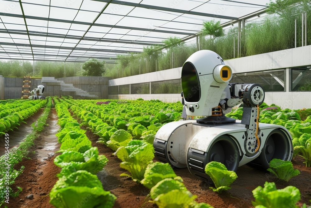 Poster modern greenhouse with robots. background with selective focus and copy space