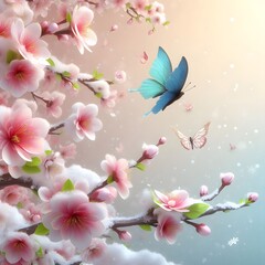 sakura cherry blossom floral Branches in snowfall with butterfly 3d Illustration  background