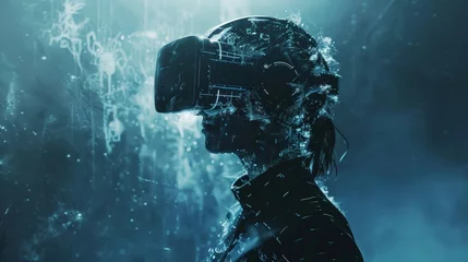 Crédence de cuisine en verre imprimé Naufrage Immersed in a digital world, a figure dons a futuristic headset, their human face obscured by the veil of virtual reality.
