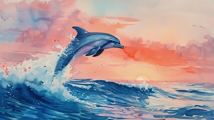 A serene watercolor painting capturing a dolphin leaping gracefully over ocean waves against a vivid sunset sky