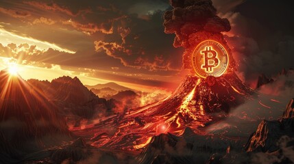 A powerful image of a volcano erupting with molten lava and Bitcoin symbols, against a backdrop of a dramatic sunset sky