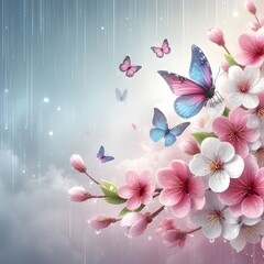 sakura cherry blossom floral Branches in rain drop cloud with butterfly  background