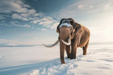 Fotobehang A single elephant stands in a vast snowy landscape under a clear blue sky with fluffy clouds © 220 AI Studio