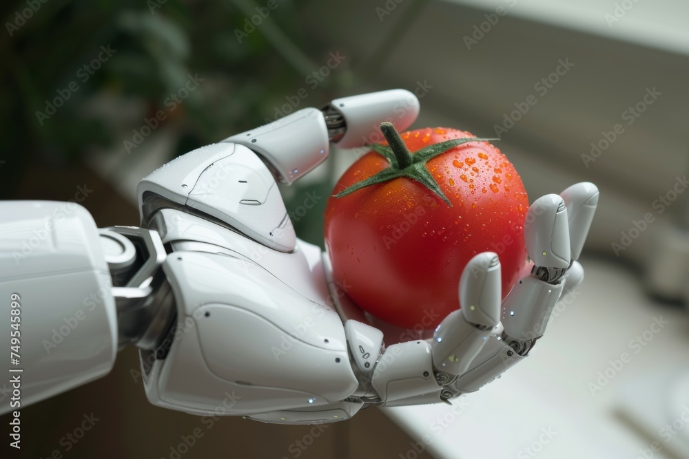 Poster a robot hand works on a modern farm. backdrop with selective focus and copy space